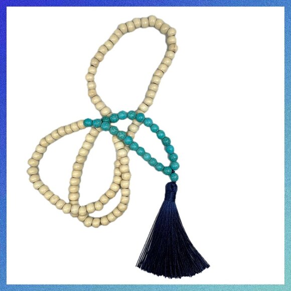 Handmade Boho Tassel Necklace Wooden & Stone Beads – 34” Long #1503 - Picture 1 of 10